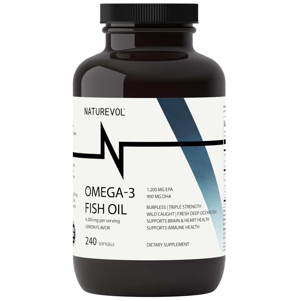 Triple Strength Omega 3 Fish Oil 4200mg - Burless Oil 124; Over 2200mg of Omega 3 Fatty Acids Omega 124; 1200mg EPA + 900mg DHA Oil 124; Best Essential Fatty Acids Omega 124; Wild Catched / Deep Sea Fish, Lemon Flaured - 240 Softgels