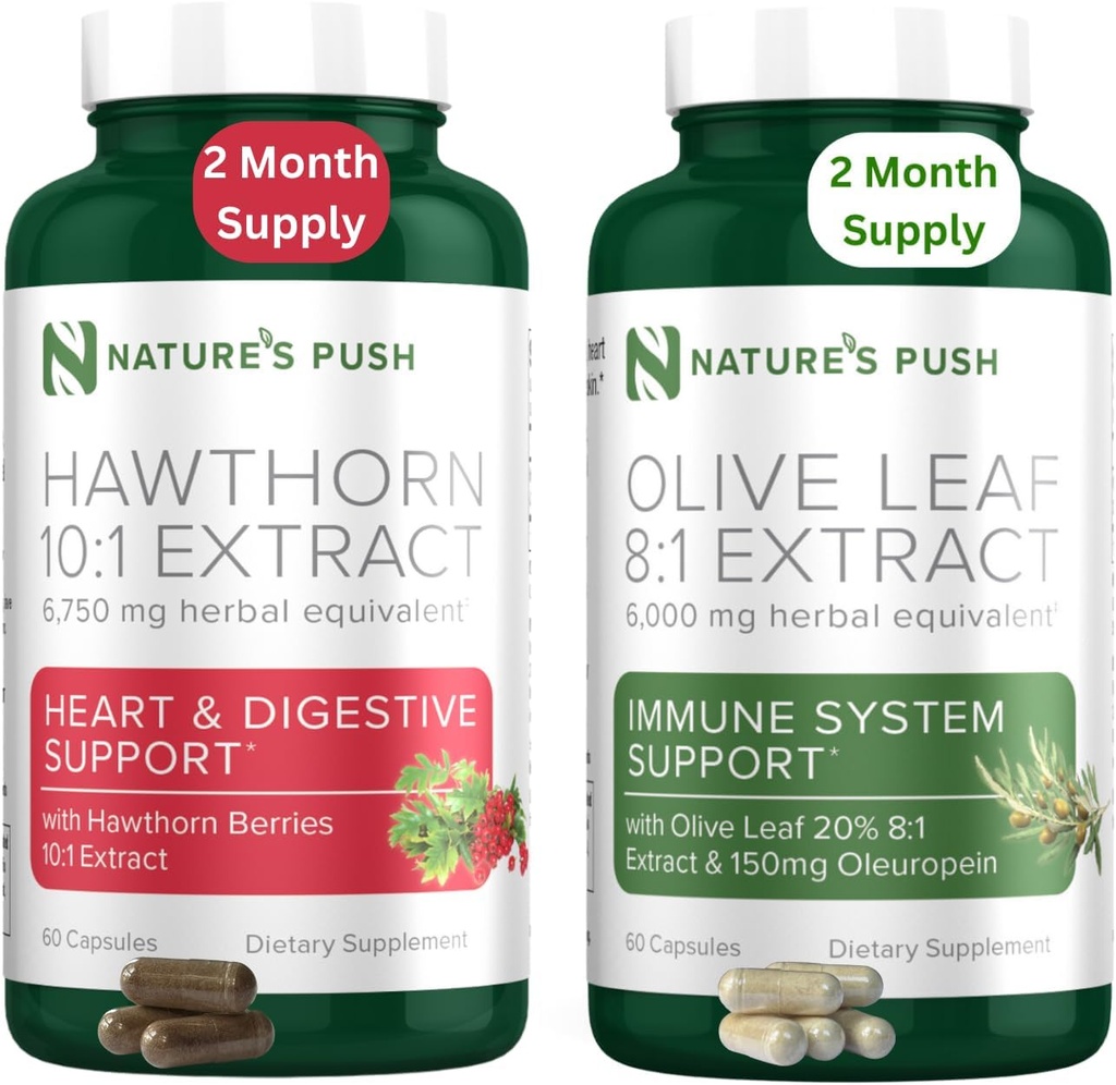 Nature 's Push Hawthorn Berry a Olive Leaf Bundle of Super Potent 10: 1 Hawthorn Berry Extract (2 měsíční dodávky) a Olive Leaf Super Potent 8: 1 Extract 20% Oleuropein 750mg kapsle (2 měsíční dodávky)