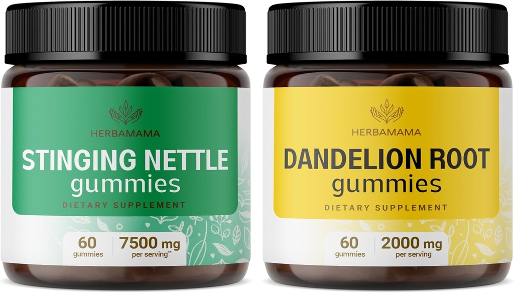 HERBAMAMA Stringing Nettle and Dandelion Kit - Bundle of 7500 mg String Nettle Root & 2000 mg Dandelion Root Gummies - Vegan, Non- GMO, Gelatin- Free - 2 Pack