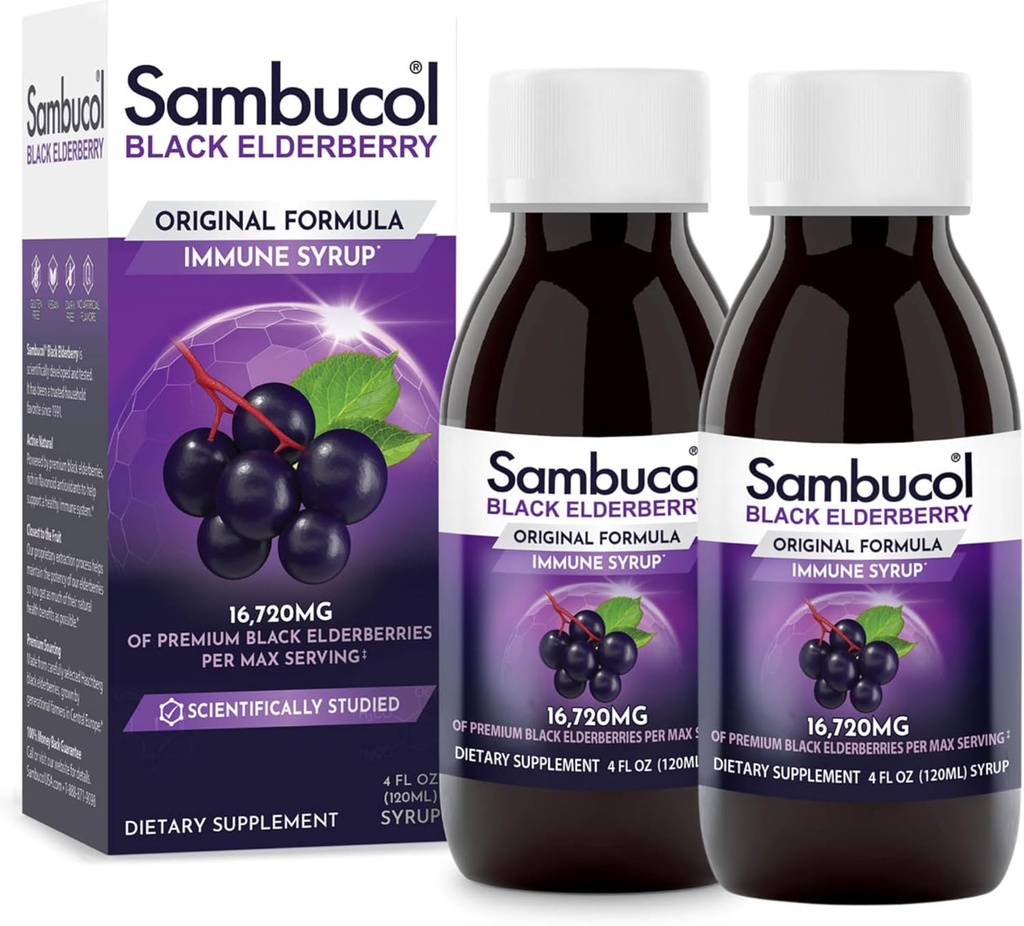 Sambucol Black Elderberry Syrup - Sambucus Elderberry Syrup, Black Elderberry Liquid, Imunitní podpora pro děti a dospělé, High Antioxidants, Gluten Free - Původní Formule, 4 Fl Oz, 2-Pack