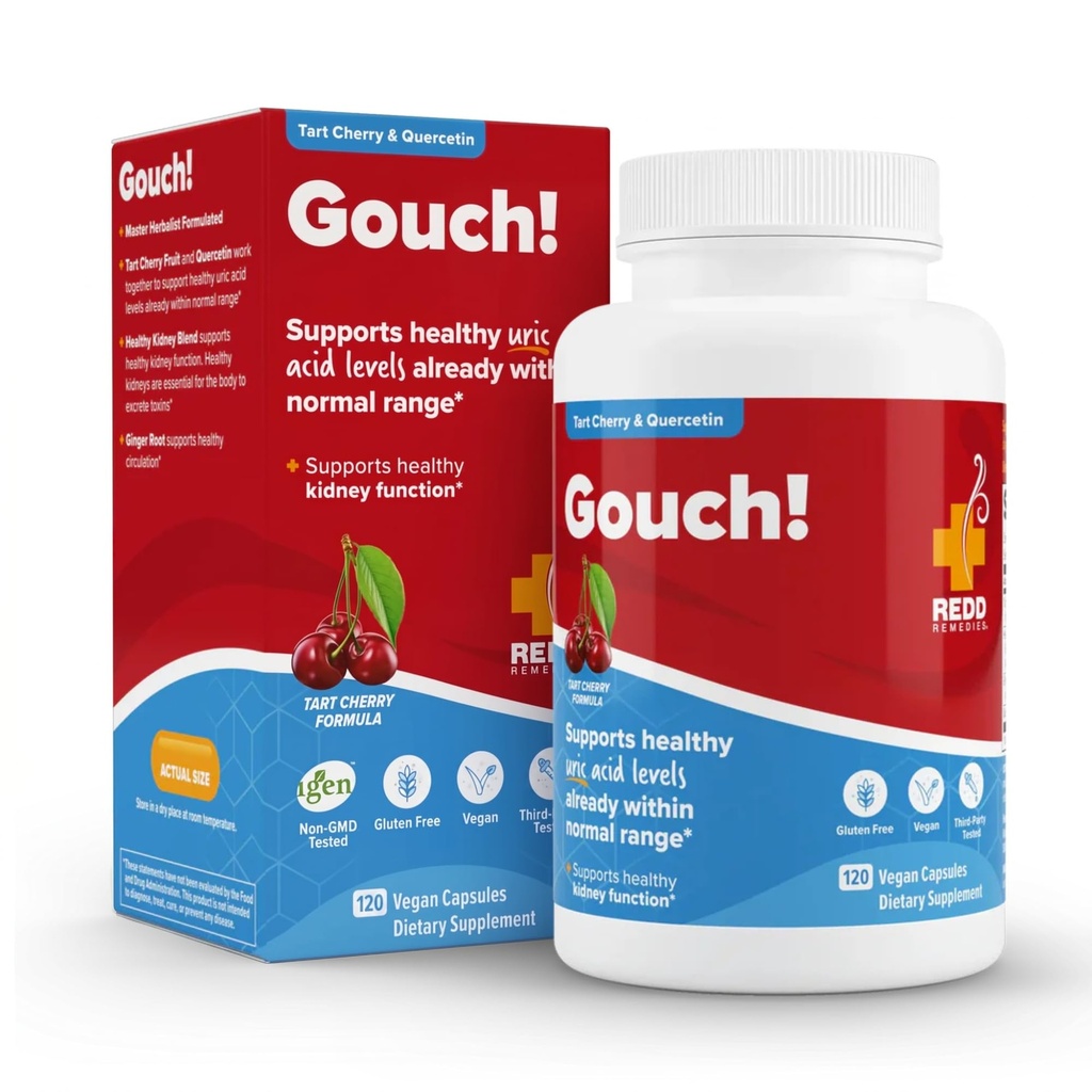 Redd Remedies, Gouch!, Supplement Support for Joints and Uric Acid Levels, Podporuje zdravou zánětlivou odpověď, Tart Cherry & Quercetin, 120 Vegan Kapsle