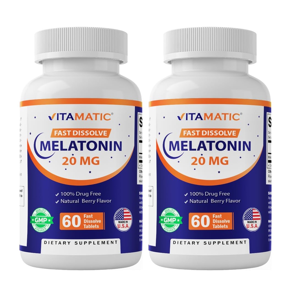 Vitamatic 2- Pack High Potency Melatonin 20 mg - 60 Fast Disolve Tablet Total Fast- acting Sleep Support - Natural Berry Flavor Alarm 124; Vegetarian