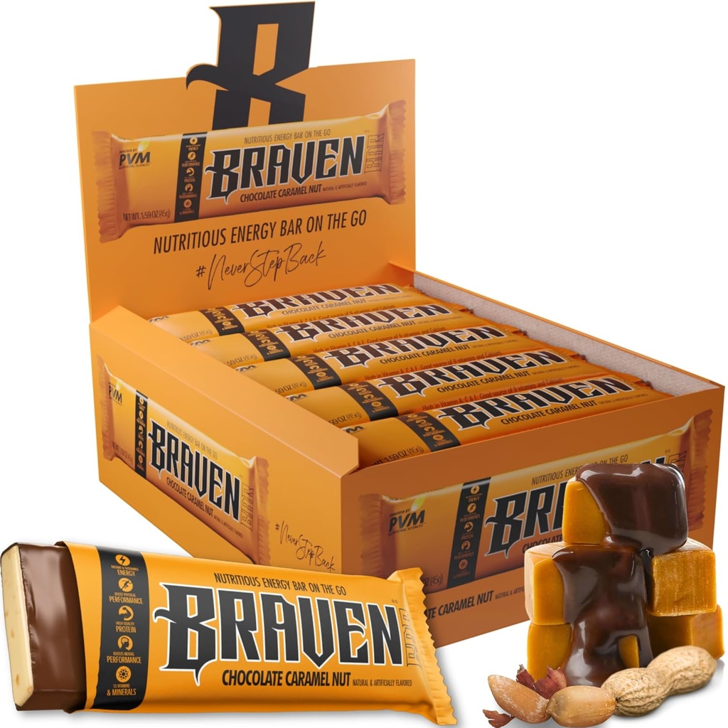 Braven Bar Čokoládové karamelové Nut Energy Bary (1.59 oz, Pack of 20) - Energy Chews with 5g Protein - On- the- Bear Energy Snacks for running, Touking, and Sports - Gluten Free Snacks for Setrvalá energie Boost