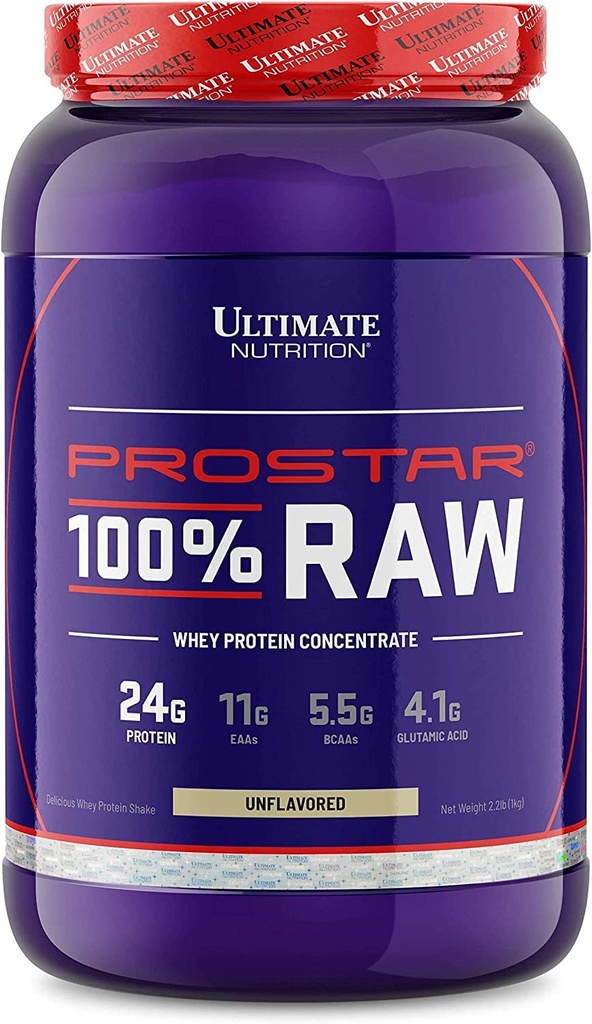 Ultimate Nutrition RAW Syrovátkový proteinový koncentrát prášek bez přidaných přísad nebo příchutí - 24 gramů proteinu per s 5,5 gramy BCAA, 2.2 litry, bez příchutí