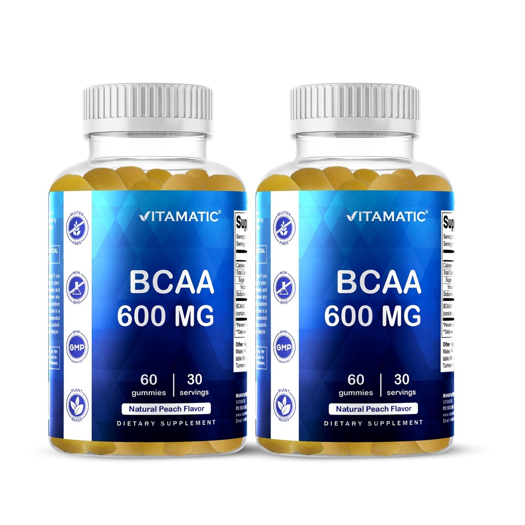 Vitamatic BCAA Gummies - Doplněk aminokyselin z řetízkového řetězce - Peach Flavor - 600mg na porci - 60 Veganských Pectin Based Gummies (2 lahve)