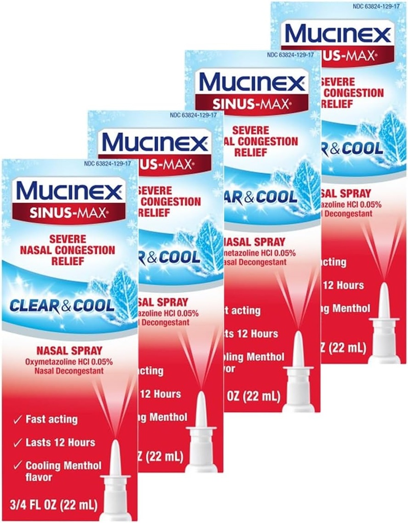 Mucinex Nasal Decongestant Spray, Sinus- Max těžké Nasal Congestion Relief Clear & Cool Nasal Spray, Trvání 12 hodin, Rychle působící, Chlazení Menthol Flavor, Balení květen Vary, 0.75 Fl Oz (balení po 4)