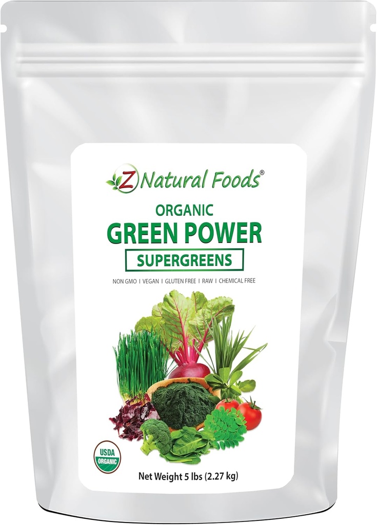 Z Natural Foods Organic Greens Superfood Powder - Barley Grass, Wheatgrass, Spirulina, Spinach, Brokolice, Alfalfa Leaf, Beet Root, Tomato, Dulse & Moringa - Raw Vegan gluten Free - 5lbs