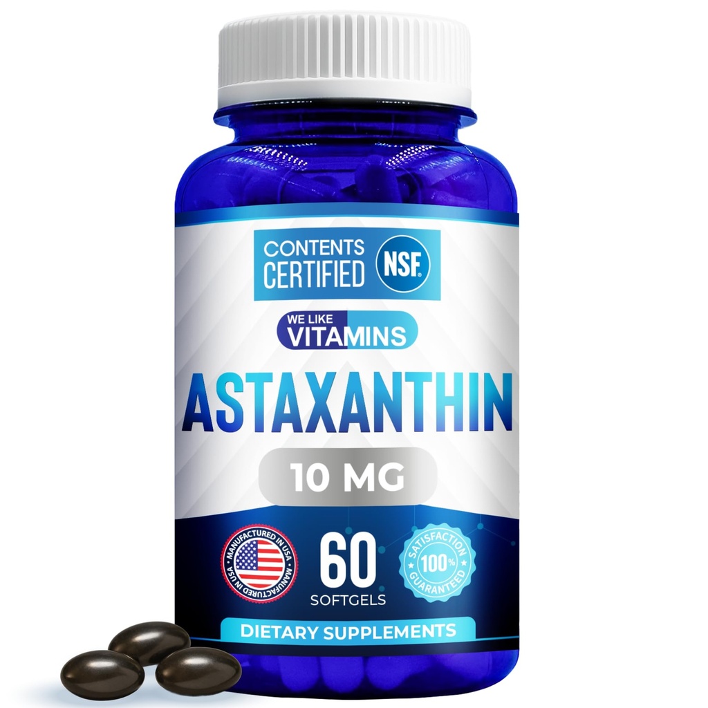 Máme rádi vitaminy Astaxanthin 10mg Softgel - Vysoce potentní astaxanthin doplňky od Haematococcus Pluvialis - Zlepšuje oční, kloubní, kožní zdraví a energetické úrovně - 60 Počet, 2 Měsíční dodávky