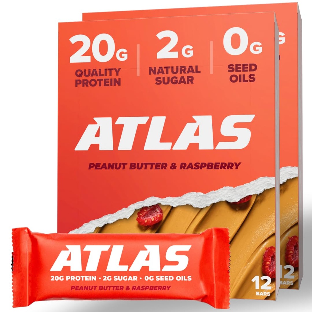 Atlas Protein Bar, 20g protein, 1g cukr, čisté složky, gluten zdarma (arašídové máslo Malina, 12 Počet (balení po 2))