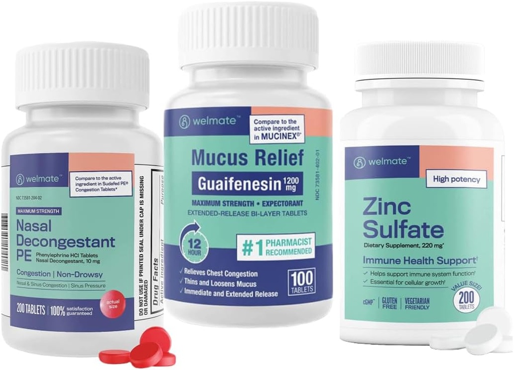 WELMATE Ultimate Cold & Alergics Relief Bundle: Maximální síla Guaifenesin 1200 Mg Mucus Relief (100 tablet), Fenylefrin HCl 10 mg Nasal Decongestant (200 tablet) & zinek sulfát 220mg