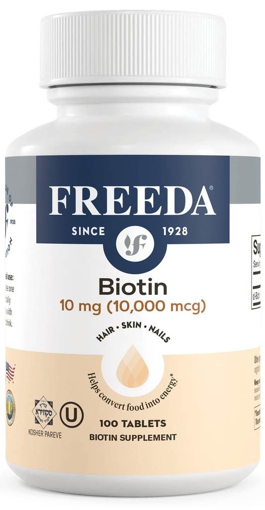 FREEDA Biotin 10,000 mcg - Košer vlasy, kůže a nehty dodatek - high- potency B7 pro růst vlasů a silné nehty - Veganské tablety s D- Biotin - 100 Tiny Tablet