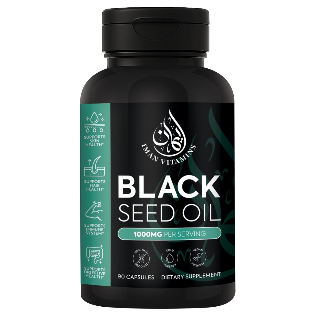 Halal Natural Black Seed Oil Capsules 1000mg Cold Pressed, Vegan, Non- GMO Nigella Sativa Kapsle, Gluten Free Pills PHAR124; 90 Počet, 1000mg PS