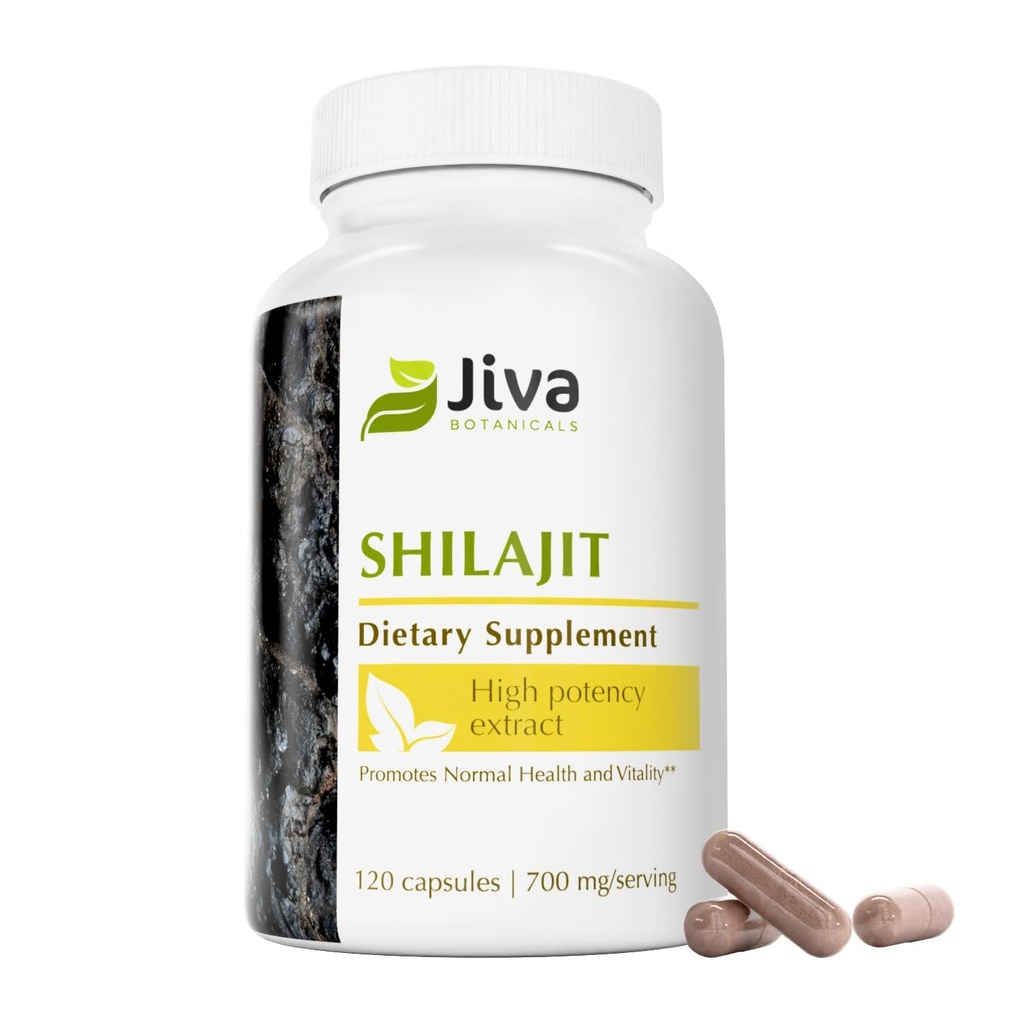 Jiva Botanicals Premium Shilajit dodatek 700 mg - Shilajit Kapsle Extract with Minerals, Fulvic / Humic Acid for Immunication Support & Nomal Digestive Health - 120 Vegan Capsule (Balení po 1)