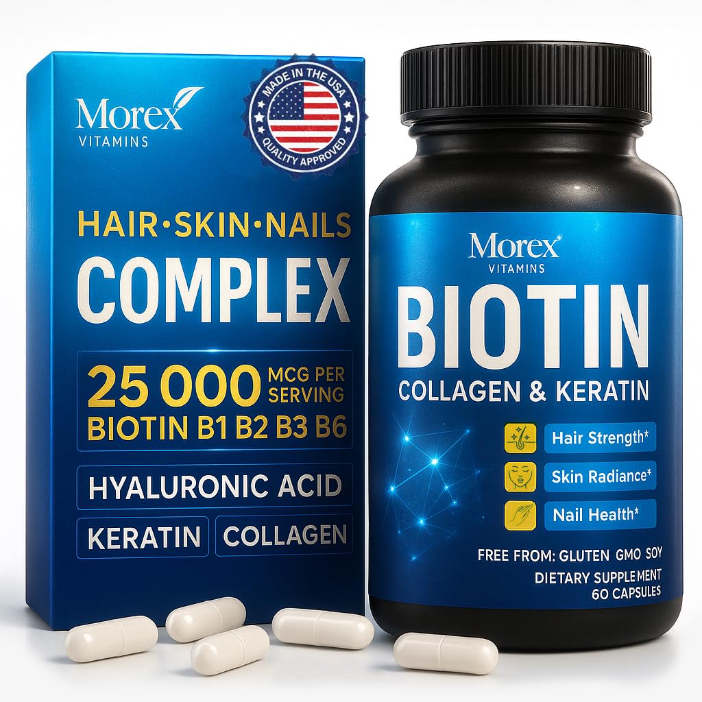 Biotin Keratin & kolagen Kapsle - Vyrobeno v USA - Přírodní kolagen, Keratin & Biotin pro růst vlasů - Biotin & kolagen Vitamíny s multi kolagen Peptidy pro vypadávání vlasů, kůže a nehty - 60 Caps