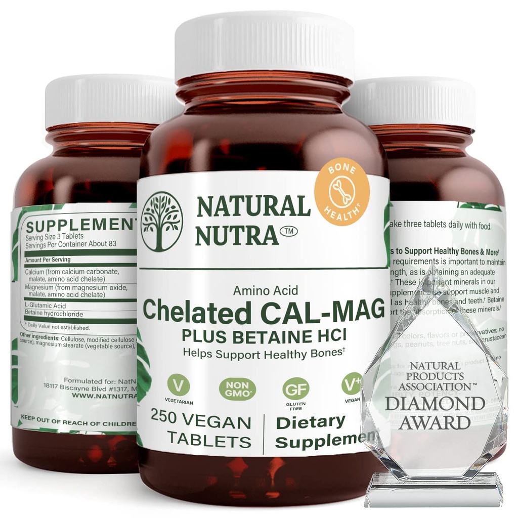 Přírodní Nutra Chelated vápník Magnesium 1000 / 500 mg doplňky Plus Betaine HCL - Chelated Cal Mag zlepšuje hustotu kostí, podporuje svalovinu, zuby, kardiovaskulární & Nerve zdraví, 250 Vegan tablety