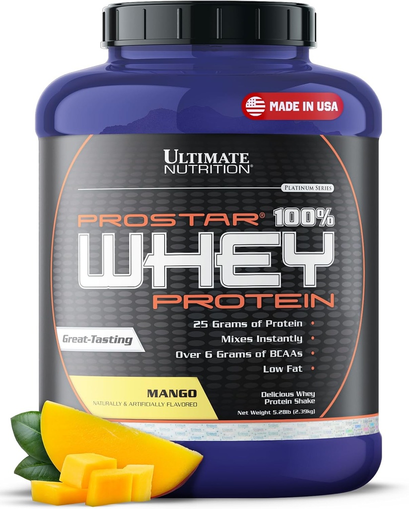 Ultimate Nutrition Prostar Syrovátkový prášek izolát, Mango - Nízké sacharidy, High Protein prášek Shake for Muscle Gain & Recovery - Nízké množství sodíku, Low- Fat & Keto Friendly - 5.28 liber Tub