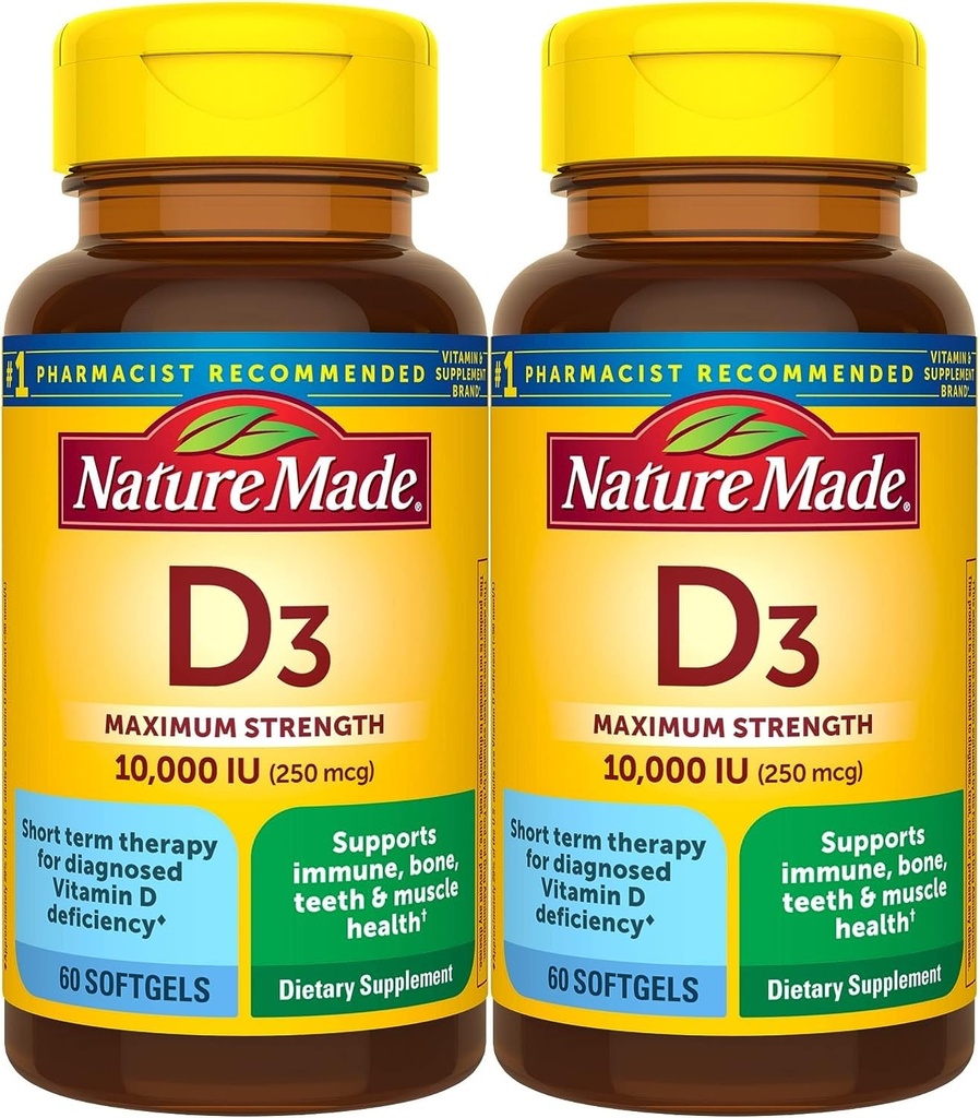 Nature Made Maximum Strength Vitamin D3 10000 IU (250 mcg), dodatek stravy pro kosti, zuby, svalovou a imunitní podporu zdraví, 60 Softgels, 60 Day Supply - Balení 2
