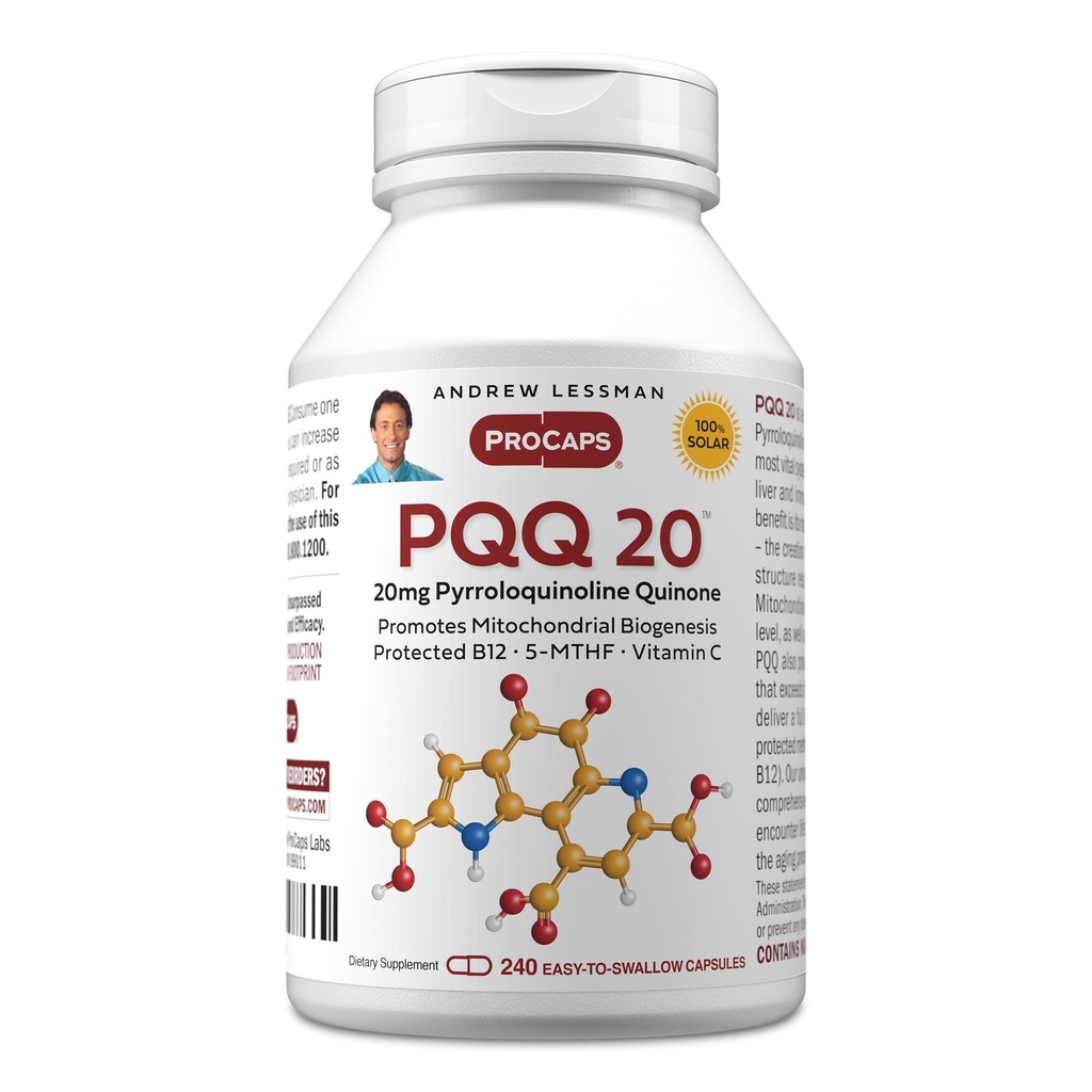 ANDREW LESSMAN PQQ 20mg - 240 Kapsle - 20mg Pyrrolochinolin Quinone, přírodní ochranná směs podporuje vitální orgány, srdce, mozek, játra, imunitní systém. Mitochondriální biogeneze, žádné doplňkové látky