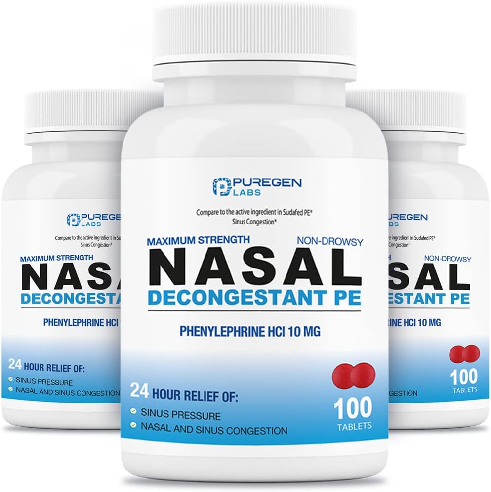 Puregen Labs Nasal Decongestant PE 3 Pack - 300 Tablety Celkem 124; Fenylefrin HCl 10 mg 3124; Maximální síla 124; Non Drowsy Nasal & Sinus Congestion Relief Vzhledem k chladu nebo alergie