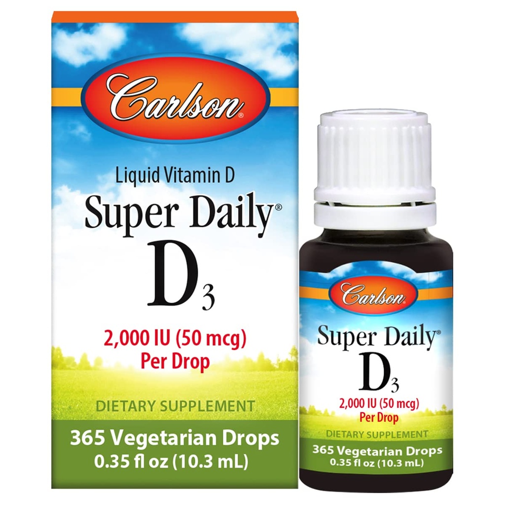 Carlson - Super Daily D3, Vitamin D Drops, 2000 IU na kapku, 1rok dodávky, Vitamin D3 Liquid, Srdce a imunitní zdraví, Vegetarian, Tekutý vitamin D Drops, Neochucené, 365 Drops
