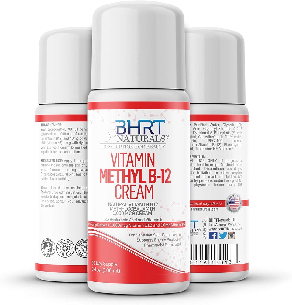 Vitamin B12 Cream 1000mcg - Farmaceutický přípravek - All Natural Methylkobalamin (methyl B12) & Vitamin B6 Cream for Energy, Mood, & Heart Health - Pomáhá s Eczemou & Psoriasis - USA MADE