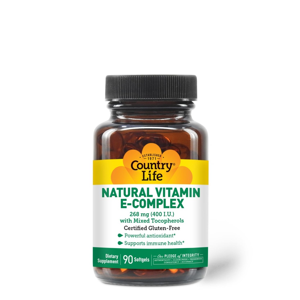 Country Life Vitamin E- Complex 400 IU - Natural Mixed Tocopherols - Antioxidant & Imunitation Support - Promotes Skin Health & Fights Oxidative Stress - Certified Gluten- Free - 90 Softgels