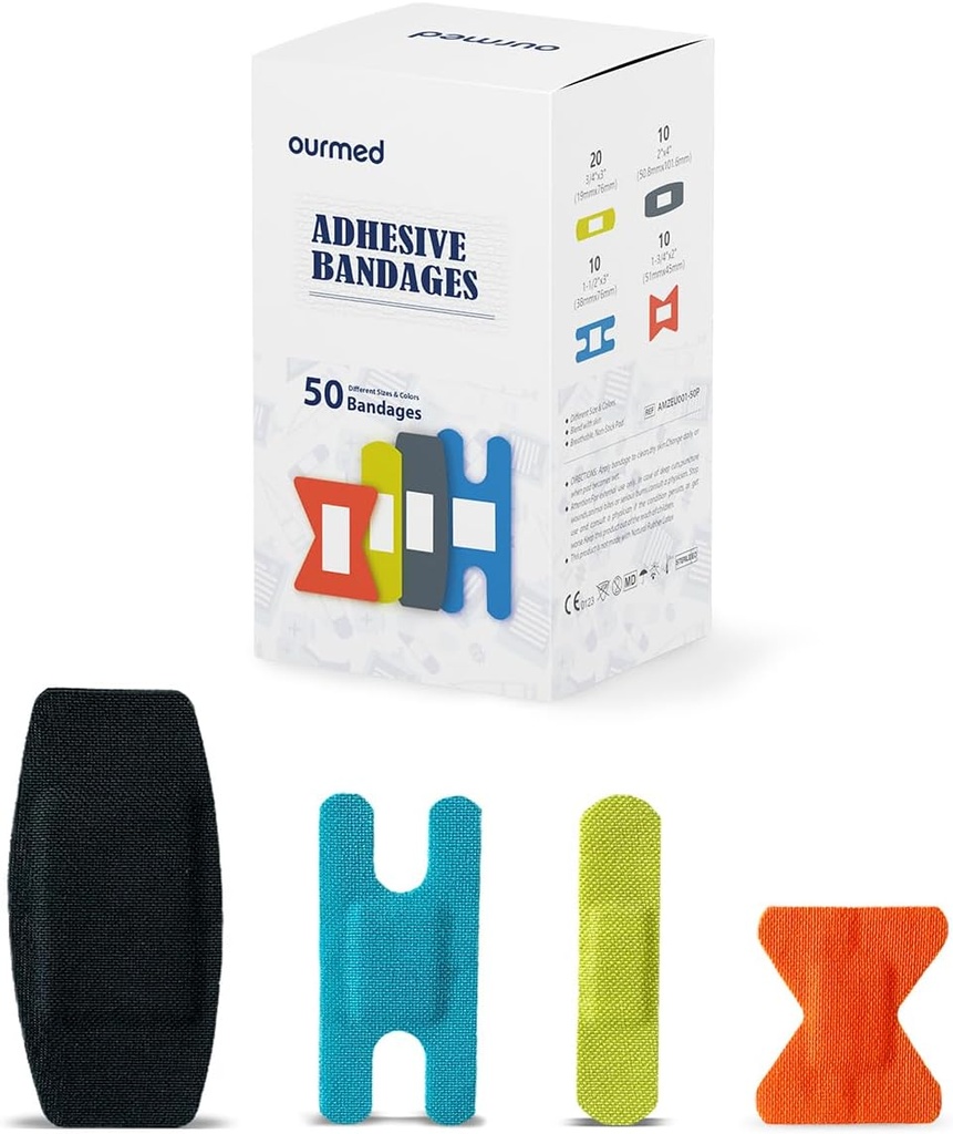 Flexibilní Fabric Obvazy s non-Stick Pad, Latex Free, Rainbow Barvy Adhesive Obvaz První pomoc zranění Péče o kusy, Scraps, Blisters, Tříděné velikosti, 50 Počet