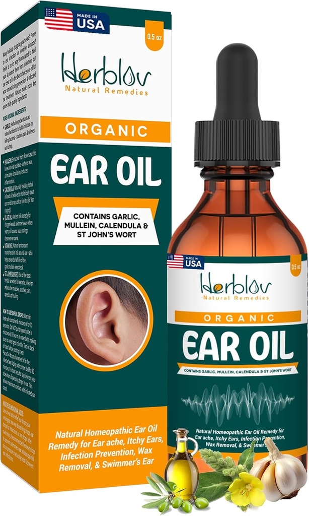 Organický ušní olej pro ušní infekce - Přírodní Earddrops for Infection Prevention, Plavec 's Uar & Wax Removal - Děti, Dospělí, Baby, Pes Earche Remedy - s Mullein, Česnek, Calendula, Made in USA