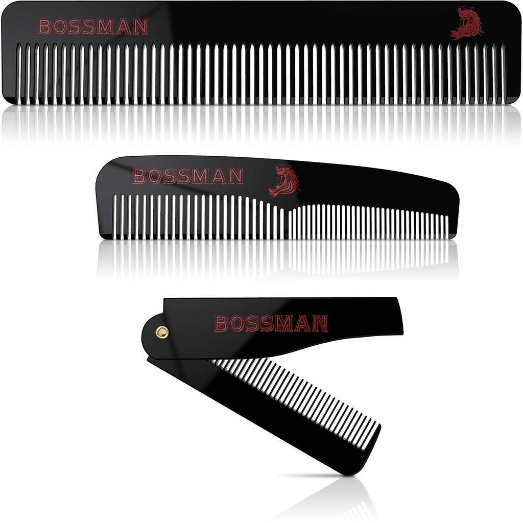 Bossman Acetate Beard, Mustache, & Hair Comb Set of 3 - Combs for Men with Minimalistic Magnetic Box (7.5-Inch, 5-Inch, 3.5-Inch) - Funkce zaoblené zuby, Double-Siced zuby, a skládací design