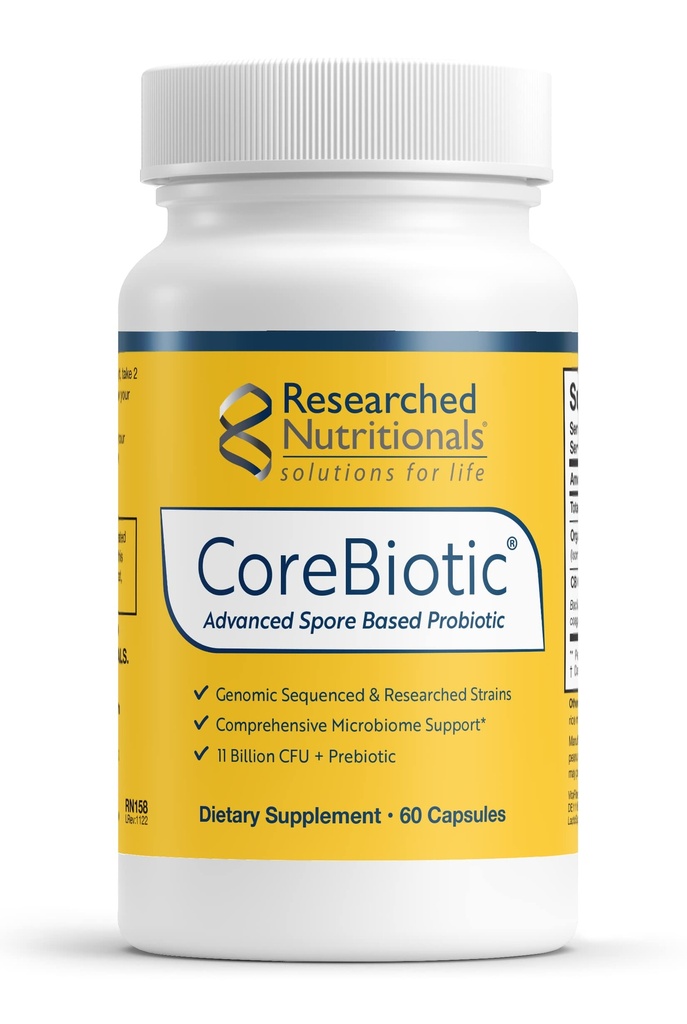Výzkum Nutritionals Gut Zdravotní doplňky s Prebiotika a Probiotika pro ženy a muže - CoreBiotic - 3 Spore na bázi probiotických drážek + Organic Prebiotic Fiber - Shelf- Stabilní (60 Kapsle)