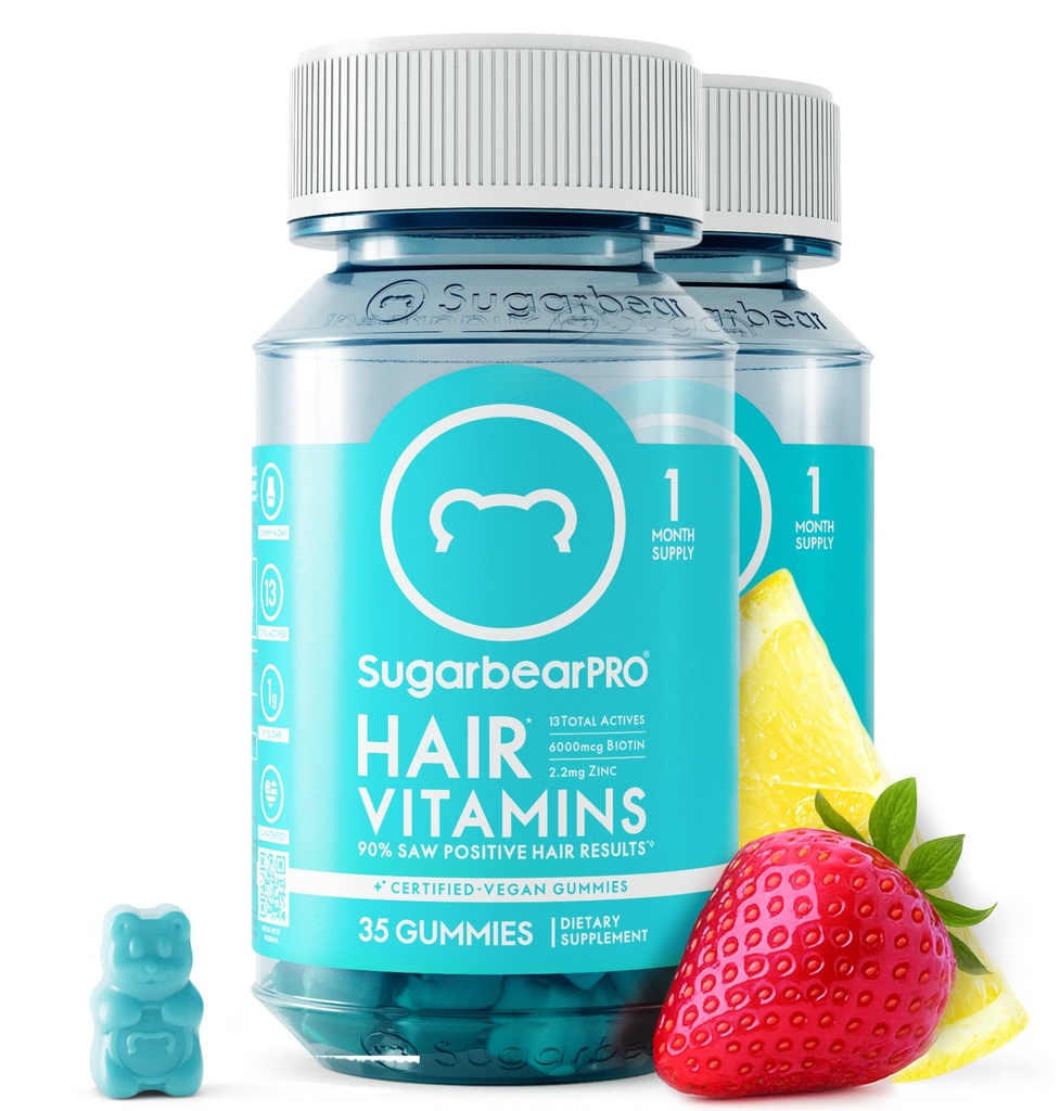Sugarbear Vlasy Vitamin Gummy 2 Měsíc Dodávka Extra Síla Biotin 6000mcg, Růst pro muže a ženy, Vegan Vitamin B12, MSM, Inositol, Omega 3, Elderberry, Certified Kosher, Halal, Cruelty-Zdarma