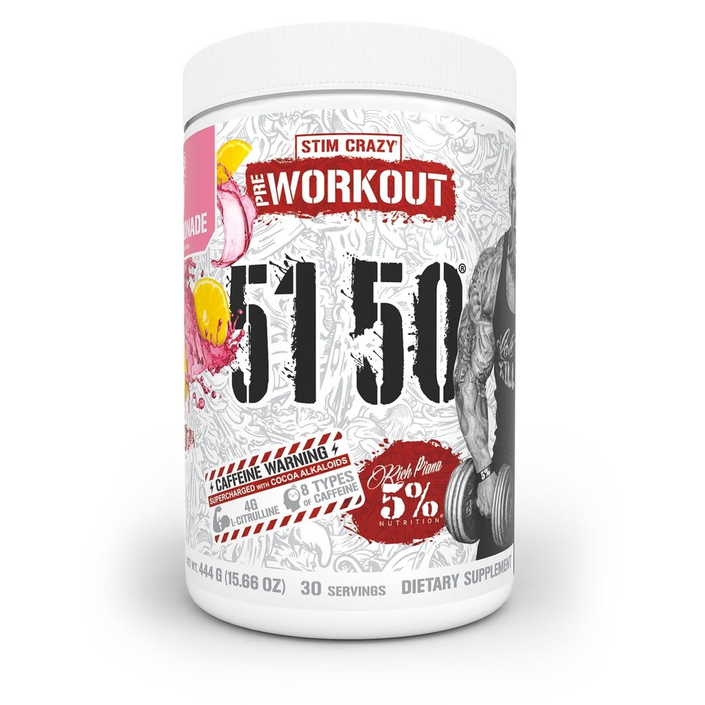 5% Nutrition Rich Piana 5150 High Stim Pre- Workout Powder 124; Extreme Energy, Focus, Pumps & Endurance Therap124; 400 mg Caffeine, Citruline, Beta Alanine, N-Acetyl L-Tyrosin Therap124; 30 Srvgs (Růžová citronáda)