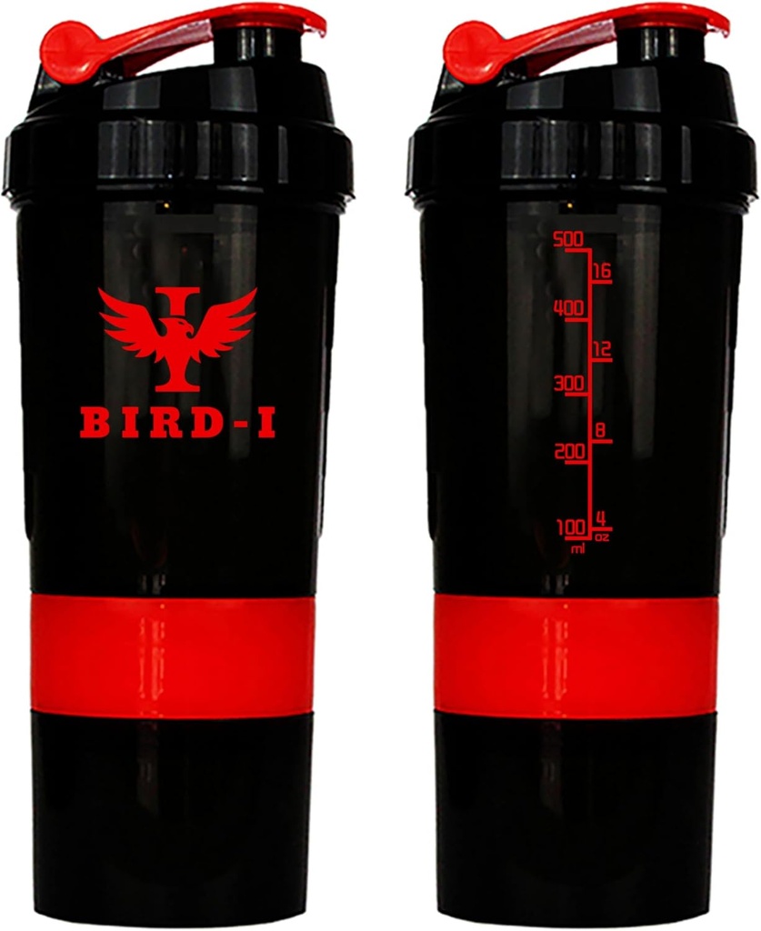 BIRDI Gym Protein Shaker, 3-in-1, 500ml / 16.9oz, BPA-Free, Metal Mixer. (RED), JT4101