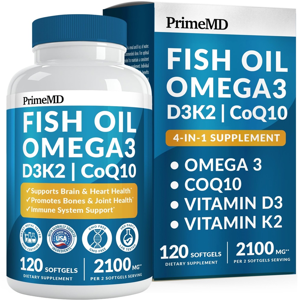 4-in-1 rybí olej Omega 3 mastné doplňky (2100mg) - Omega 3 rybí olej s vitamíny D3 K2 a CoQ10 - Lemon ochucený (120 softgelů)