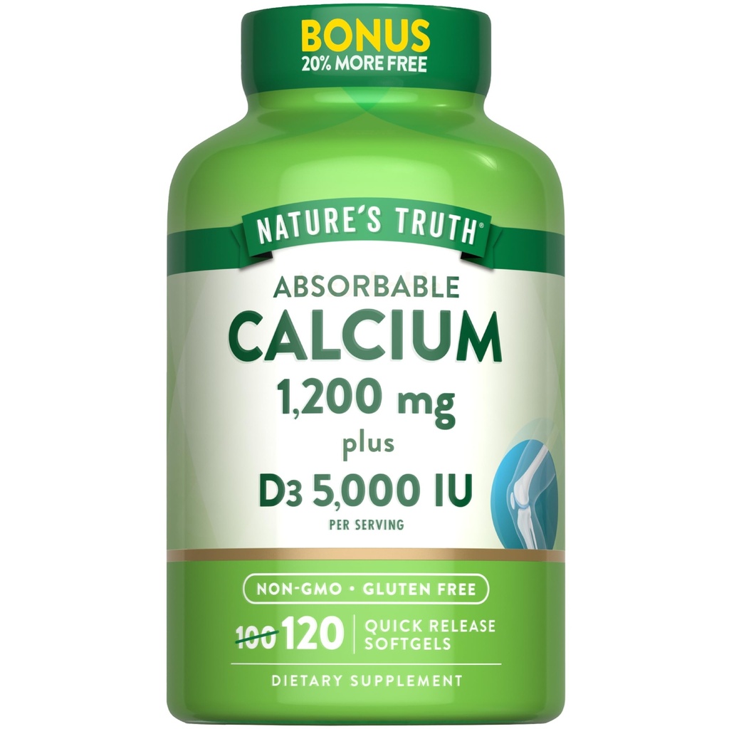 Nature 's Truth Absorbovatelné vápníku 1200 mg s vitaminem D3 5000 IU CLAS124; 120 Softgels CLAS124; Carbonát vápenatý CLAS124; Non- GMO & gluten zdarma dodatek