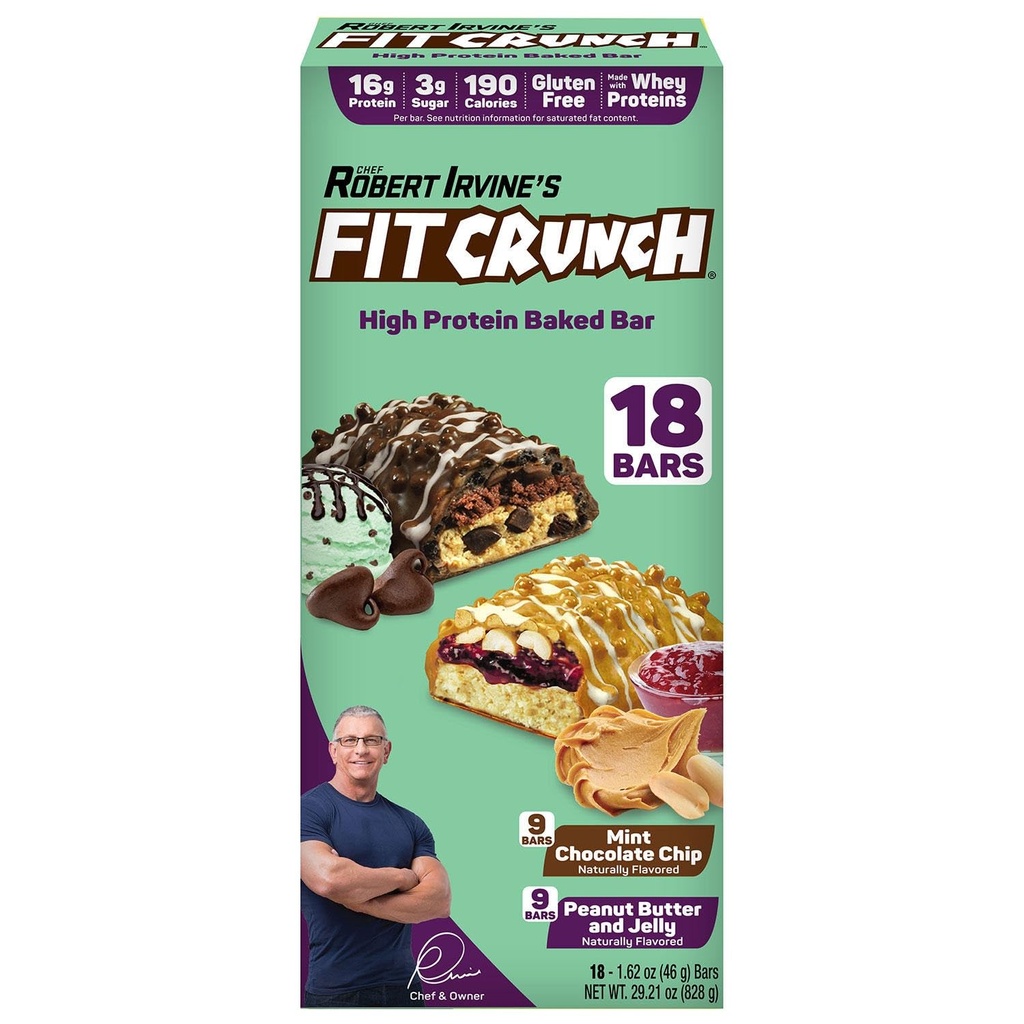 Bílkovinné tyčinky FITCRUNCH, Snack Size Variety Pack, gluten zdarma (18 barů, máslový čokoládový chip & arašídové máslo želé)