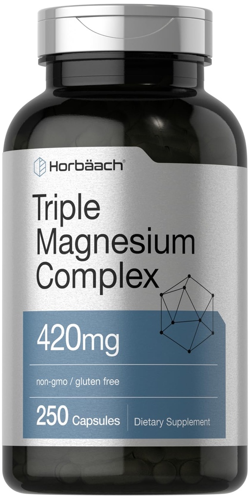 Horbäach Triple Magnesium Complex CLAS124; 420 mg CLAS124; 250 kapslí CLAS124; Non- GMO a gluten Free Formule CLAS124; Oxid hořečnatý, Citrát a aspartátové dietní dodatek