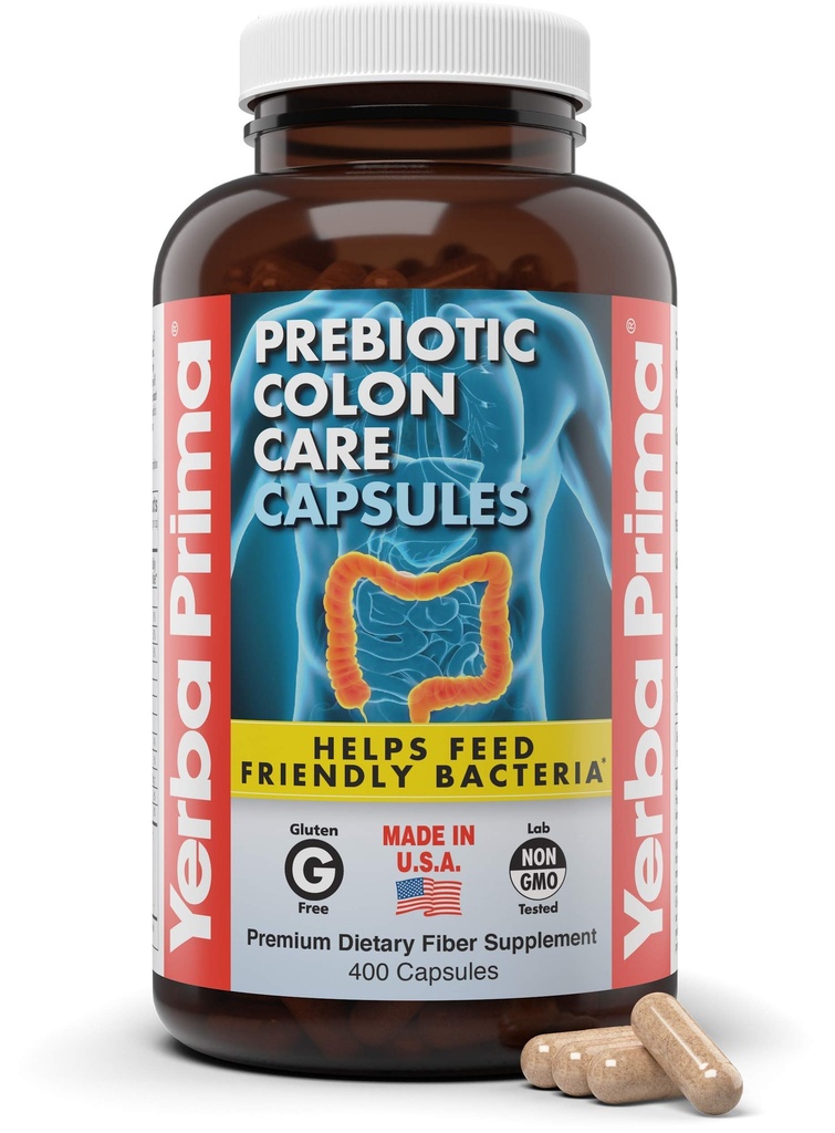 Yerba Prima Prebiotic Colon Care Capsules, 400 Caps - Pět forem Fiber Plus FOS Pre-biotika - Dietní doplněk zdraví - Zdravá rozpustná a nerozpustná vlákna pro regulaci a stravitelnou podporu