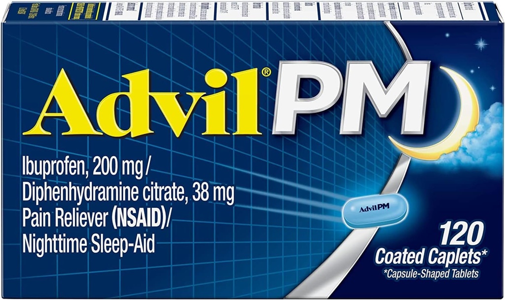 Advil PM (120 Count) Pain Reliever / Nighttime Sleep Aid Coated Caplet, 200mg Ibuprofen, 38mg Difenhydramin (Balení po 2)