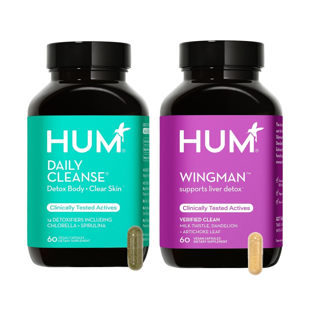 HUM Plné kůže a jater doplněk zdraví z výživy, Wingman a Daily Cleanse Green Detox & Mléko Thistle pro podporu péče o pleť a zdraví jater, 2 balení Bundle, 60 Vegan Kapsle