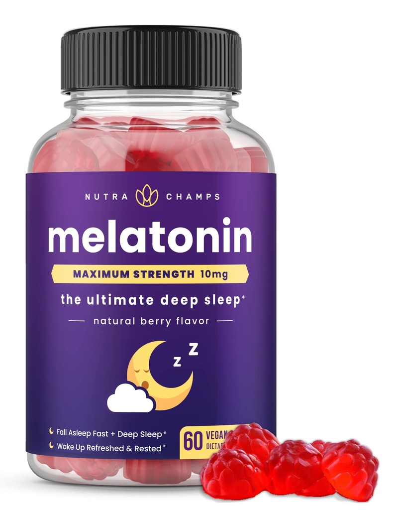 NutraChamps Melatoninové gumy pro dospělé, Vitamíny s extra sílou na spaní, 5 mg nebo 10 mg dávka, Vegan přírodní jahodové příchutě doplněk pro lepší spánek, zdravé spánkové cykly, 60 Gumy