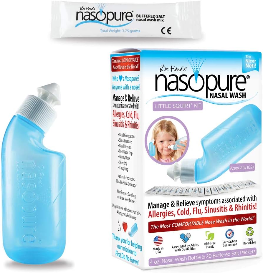 Nasopure Nasal Wash, Little Squirt Kit, "The Nicer Neti Pot" Sinus Wash Kit, Komfortní Nasal Rinse 4 Oz Bottle & 20 Salt Packets (3.75 Gr Each), Nasal Congestion, Cold, Alergie, Nasal zavlažování