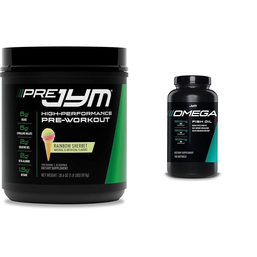 JYM dodatek Věda Pre Jym Rainbow Sherbet 30 Servings & Omega JYM Fish Oil 2800mg 120 Softgels