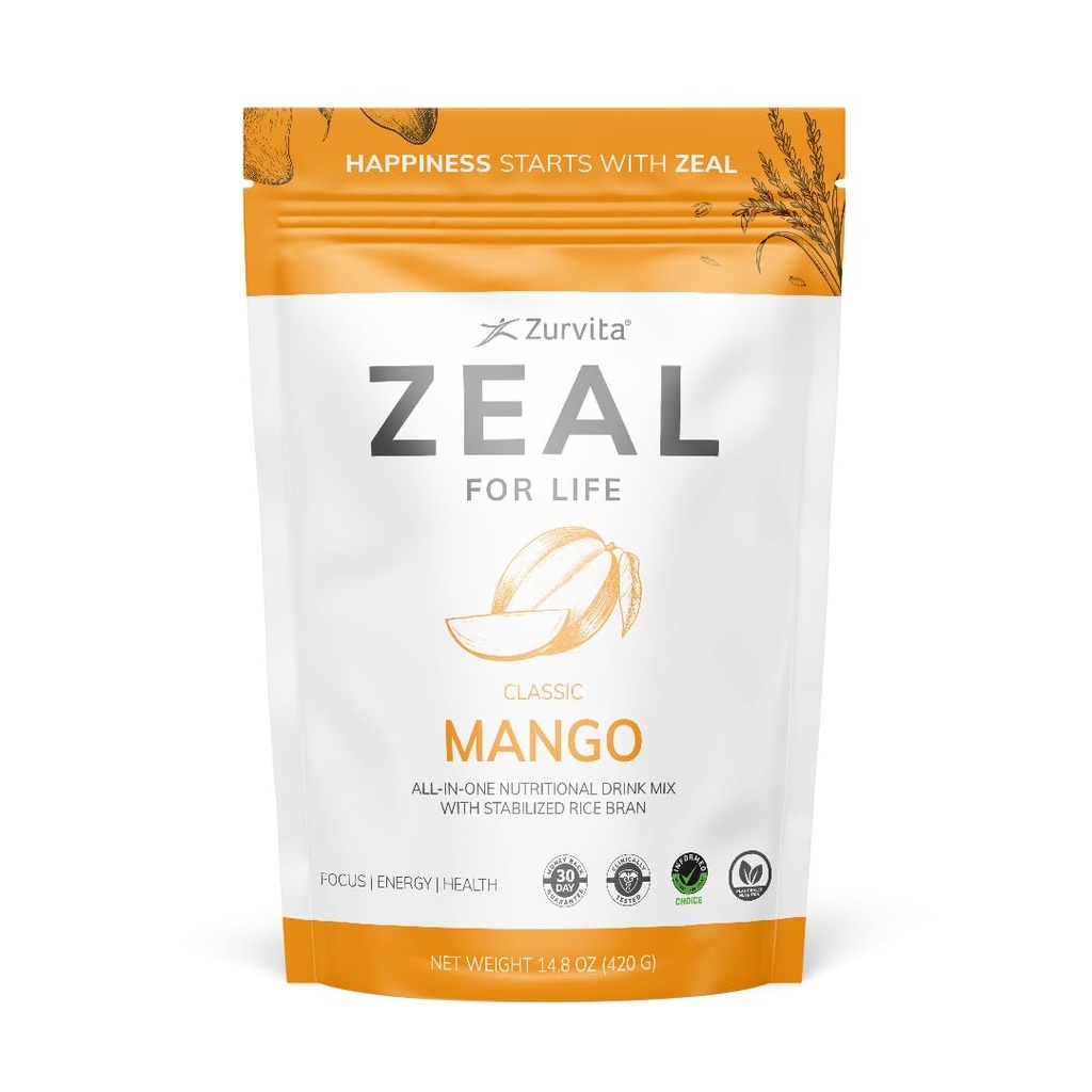 Zurvita Zeal for Life Wellness Drink Mix - Mango Flavor - Gluten- Free, Vegan, with Biotin, Vitamins B12, C, D, E, Iron, Magnesium - 30 Servings (420g)