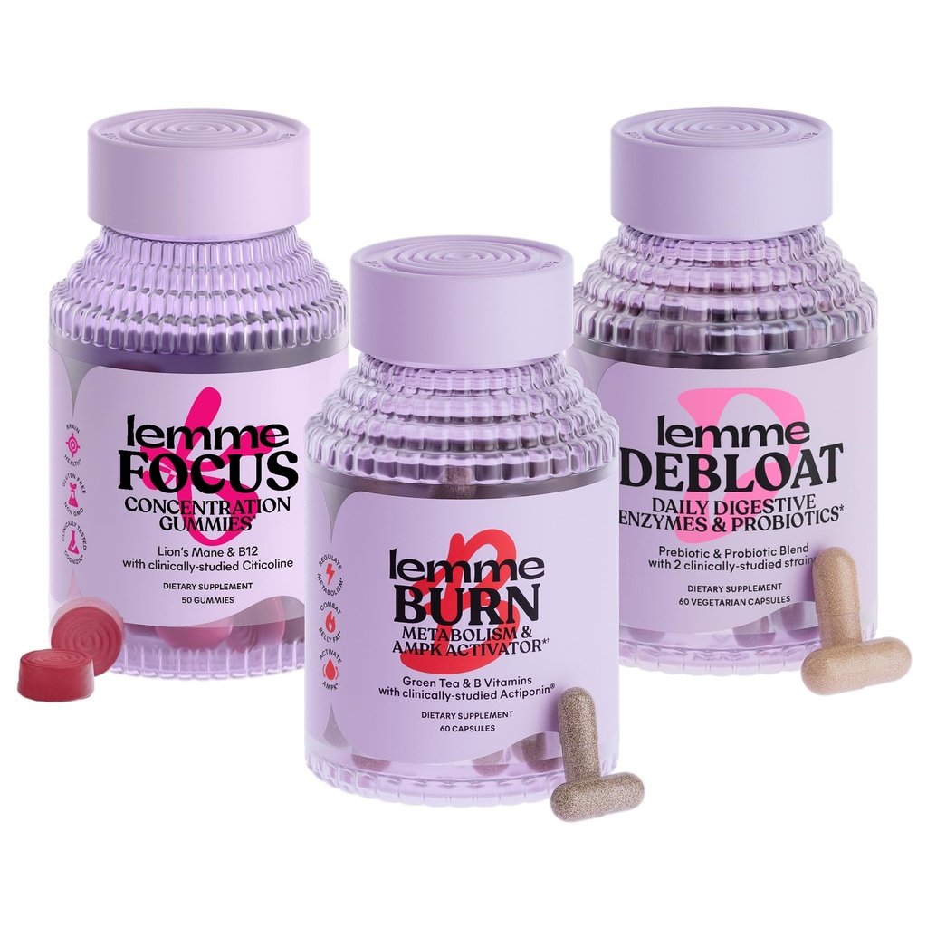 Lemme Burn, Debloat & Focus Bundle CLAND124; Metabolismus & Fat Burning + Bloating & Gas Relief Capsules + Focus & Brain Health Gummies CLAND124; Gluten- Free, Non- GMO CLAND124; 60 Count Capsules & 50 Count Gummies
