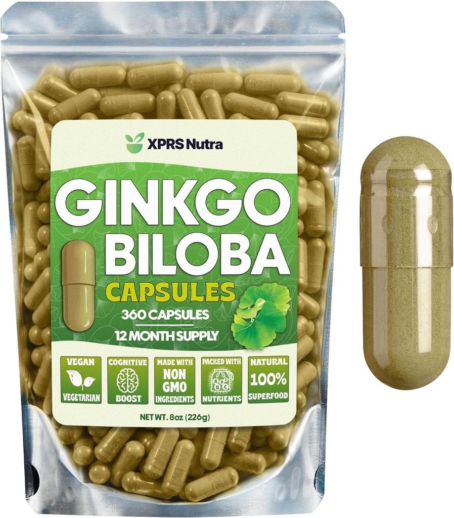 XPRS Nutra Ginkgo Biloba Kapsle - Gingko Biloba Enkapsulated Supplements for Cognition - Vegan Friendly Ginkoba Biloba - Imunity Booing Ginkgo Biloba Kapsle - 360 Počet