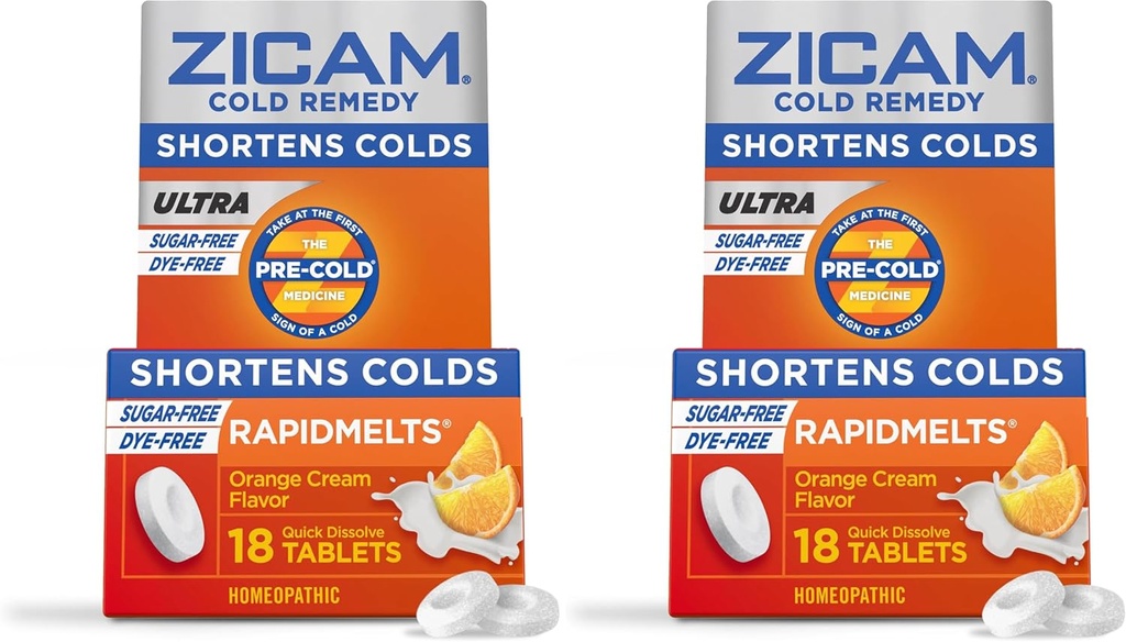 Zicam Ultra Cold Remedy Zinek Rapidmelts, Orange Cream Flavor, Homeopatická, Cold Shortising Medicine, Shortens Cold Trvání, Sugar- Free, Dye- Free, 18 Počet (balení po 2)