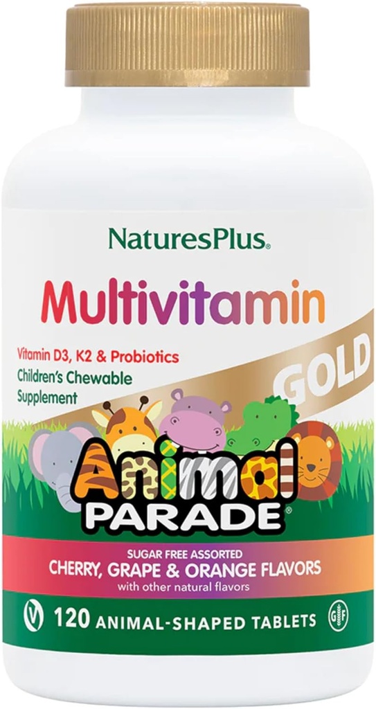 NaturesPlus Animal Parade Gold Children 's Multivitamin - Assored Cherry, Orange & Grape Flavors - 120 Animal- Shaped Chewable Tablety, Balení po 4 - Vegan, Gluten zdarma - 240 Celkem Služeb