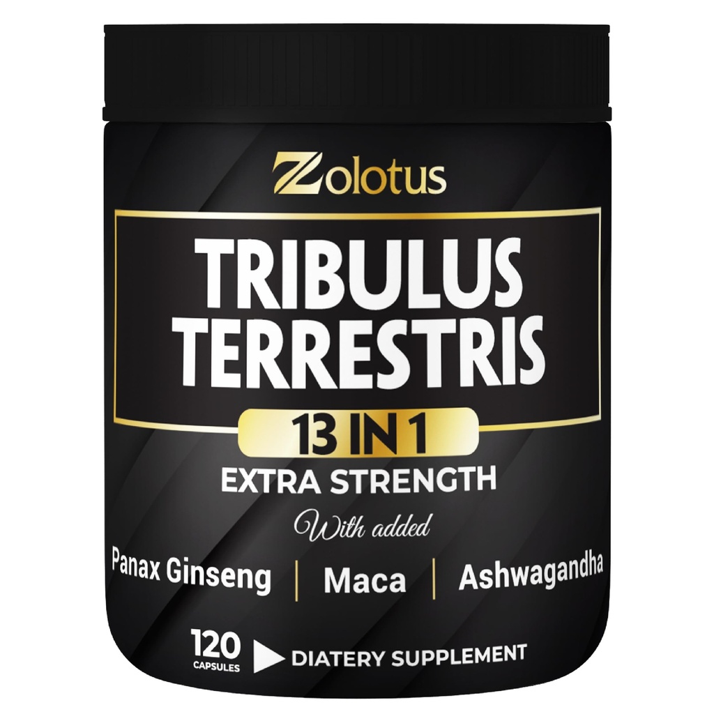 Zolotus 13in1 Tribulus Terrestris Kapsle s Maca, Horny Kozí Tráva, Panax Ginseng, Saw Palmetto, Tongkat Ali, Shilajit & More - Energie, Stamina dodatek pro muže a ženy - 120 Counts