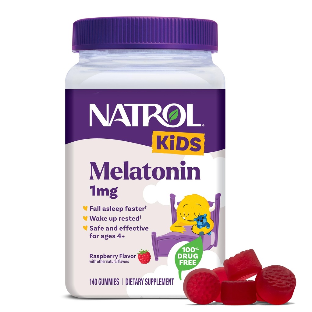 Natrol Kids Melatonin Gummies 1mg, Dětský melatonin pro klidný spánek, 140 Raspberry- ochucené spánkové gumy, 140 denní zásobování